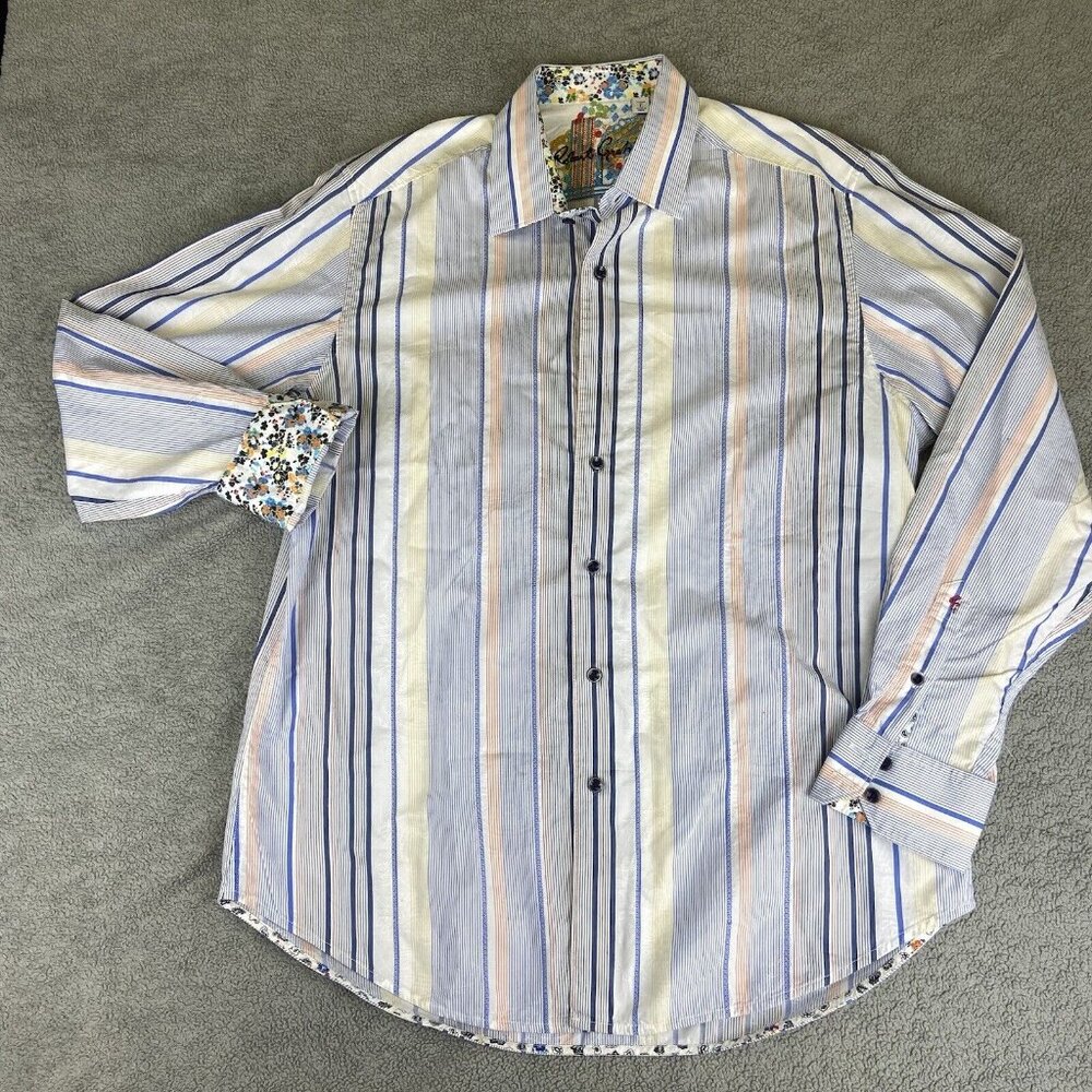 Robert Graham Men's Large Long‎ Sleeve Striped Floral Flip Cuff Button Up Shirt